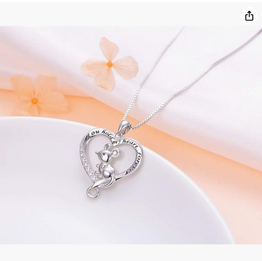 925 Sterling Silver Mouse Heart Love Necklace Mouse Diamond Pendant Mouse Chain Rat Jewelry Girls Teen Birthday Gift 18in.