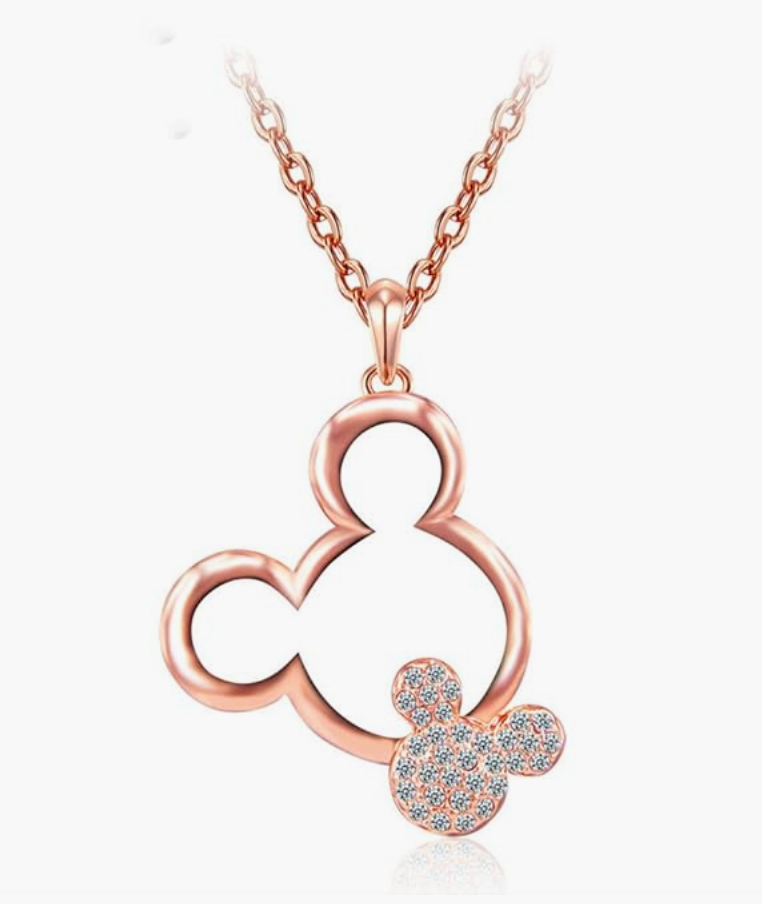 Rose Gold 925 Sterling Silver Mouse Ears Necklace Mouse Diamond Pendant Mouse Chain Rat Jewelry Men Girls Teen Birthday Gift 18in.
