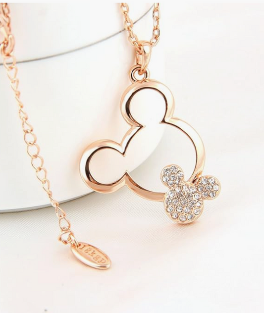 Rose Gold 925 Sterling Silver Mouse Ears Necklace Mouse Diamond Pendant Mouse Chain Rat Jewelry Men Girls Teen Birthday Gift 18in.