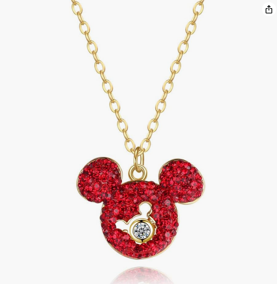Red Mouse Ears Crystal Necklace Mouse Diamond Pendant Mouse Chain Rat Jewelry Girls Teen Birthday Gift Gold Stainless Steel 18in.