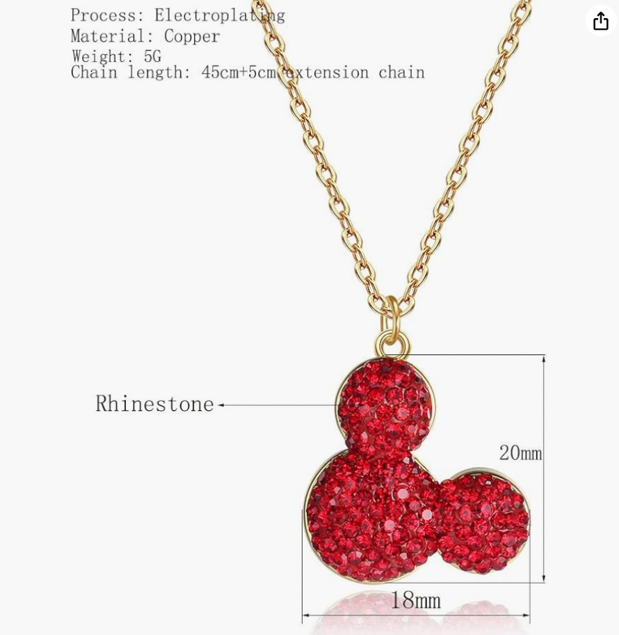 Red Mouse Ears Crystal Necklace Mouse Diamond Pendant Mouse Chain Rat Jewelry Girls Teen Birthday Gift Gold Stainless Steel 18in.
