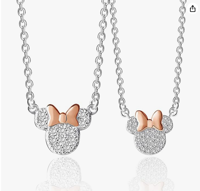 2 Mommy & Me Mouse Ears Set Diamond Necklace Heart Love Mouse Bow Pendant Mouse Chain Rat Jewelry Girls Teen Birthday Gift Stainless Steel 18in.