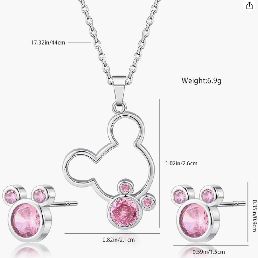 Pink Diamond Mouse Earrings Necklace Set Mouse Bow Pendant Mouse Ear Chain Rat Jewelry Girls Teen Birthday Gift Silver Stainless Steel 18in.