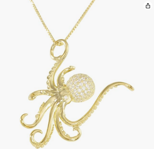 Gold Octopus Necklace Octopus Diamond Pendant Chain Tako Jewelry Girls Teen Birthday Gift 925 Sterling Silver 18in.