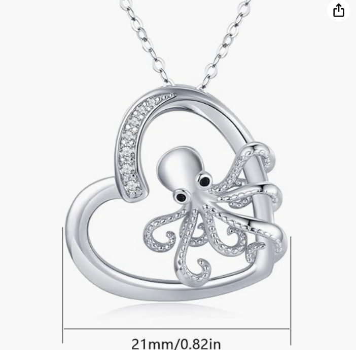 Diamond Heart Love Octopus Necklace Octopus Pendant Chain Tako Jewelry Girls Teen Birthday Gift 925 Sterling Silver 18in.
