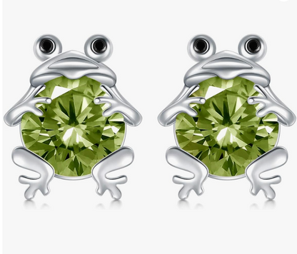 Green Peridot Frog Birthstone Earrings Frog Jewelry Emerald Womens Girls Teen Created Gemstone Diamond Birthday Gift 925 Sterling Silver