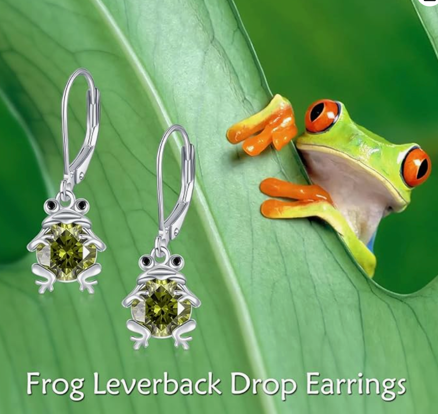 Cute Hanging Hoop Frog Birthstone Earrings Leverback Green Peridot Frog Jewelry Womens Girls Teen Created Gemstone Diamond Birthday Gift 925 Sterling Silver