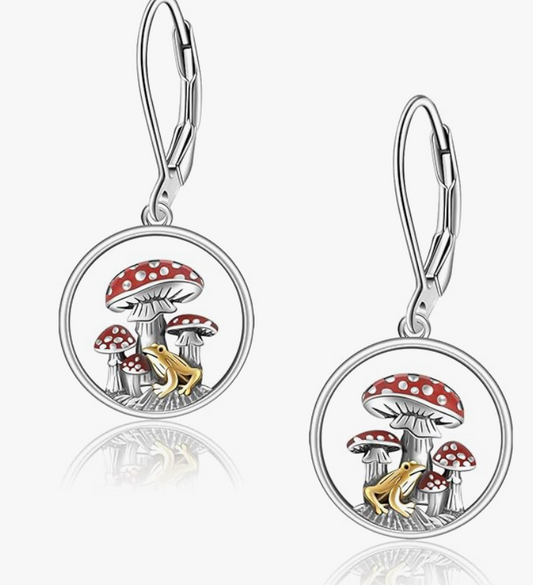 Frog Mushroom Earrings Hoop Hanging Frog Leaf Tree Jewelry Womens Girls Teen Birthday Gift 925 Sterling Silver