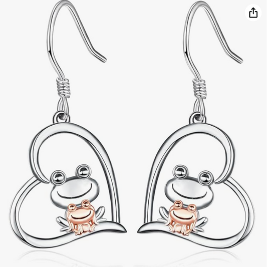 Cute Frog Family Earrings Baby Frog  Heart Love Jewelry Womens Girls Teen Birthday Gift 925 Sterling Silver Rose Gold Diamond