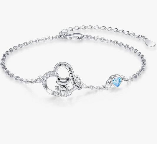 Cute Frog Blue Heart Love Diamond Bracelet Chain Baby Frog Family Jewelry Womens Girls Teen Birthday Gift 925 Sterling Silver