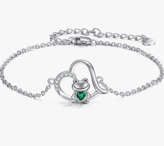 Green Frog Heart Diamond Bracelet Chain Baby Frog Love Jewelry Womens Girls Teen Birthday Gift 925 Sterling Silver