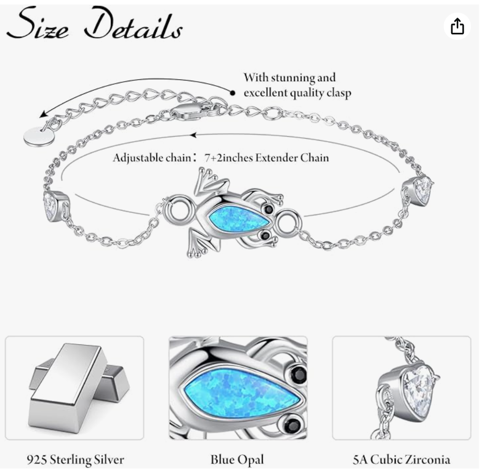 Frog Blue Opal Bracelet Chain Frog Jewelry Womens Girls Teen Birthday Gift 925 Sterling Silver