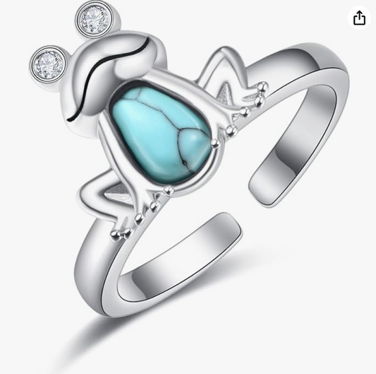 Blue Turquoise Frog Ring Adjustable Frog Heart Love Diamond Jewelry Womens Girls Teen Birthday Gift 925 Sterling Silver