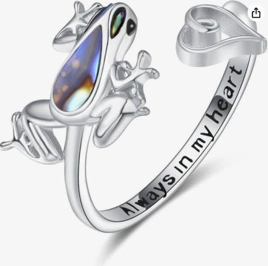 Abalone Frog Ring Adjustable Frog Heart Love Jewelry Womens Girls Teen Birthday Gift 925 Sterling Silver