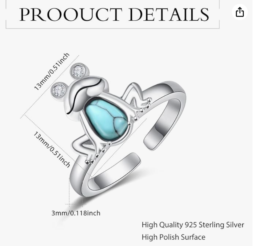 Blue Turquoise Frog Ring Adjustable Frog Heart Love Diamond Jewelry Womens Girls Teen Birthday Gift 925 Sterling Silver