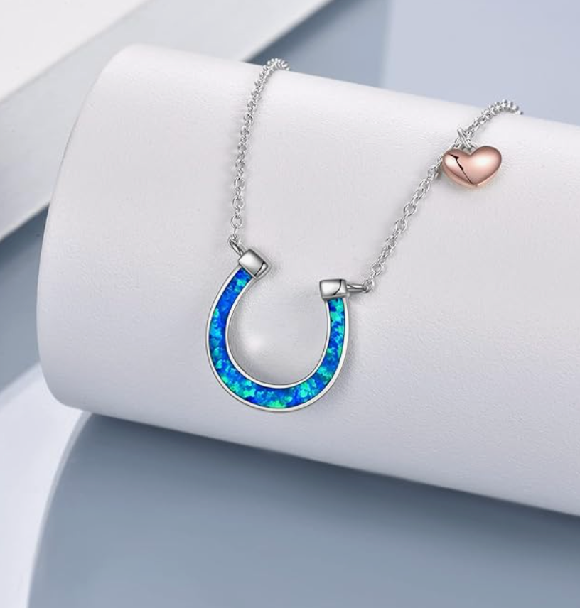Rose Gold Opal 925 Sterling Silver Small Lucky Heart Love Horseshoe Necklace Pendant Cowgirl Chain Jewelry Birthday Gift White Blue Opal 18in.