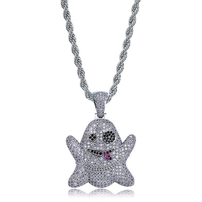 Emoji Ghost Necklace Hip Hop Jewelry Emoji Ghost Chain Rose Simulated Diamond Pendant Cartoon Necklace Gold Silver Color Metal Alloy