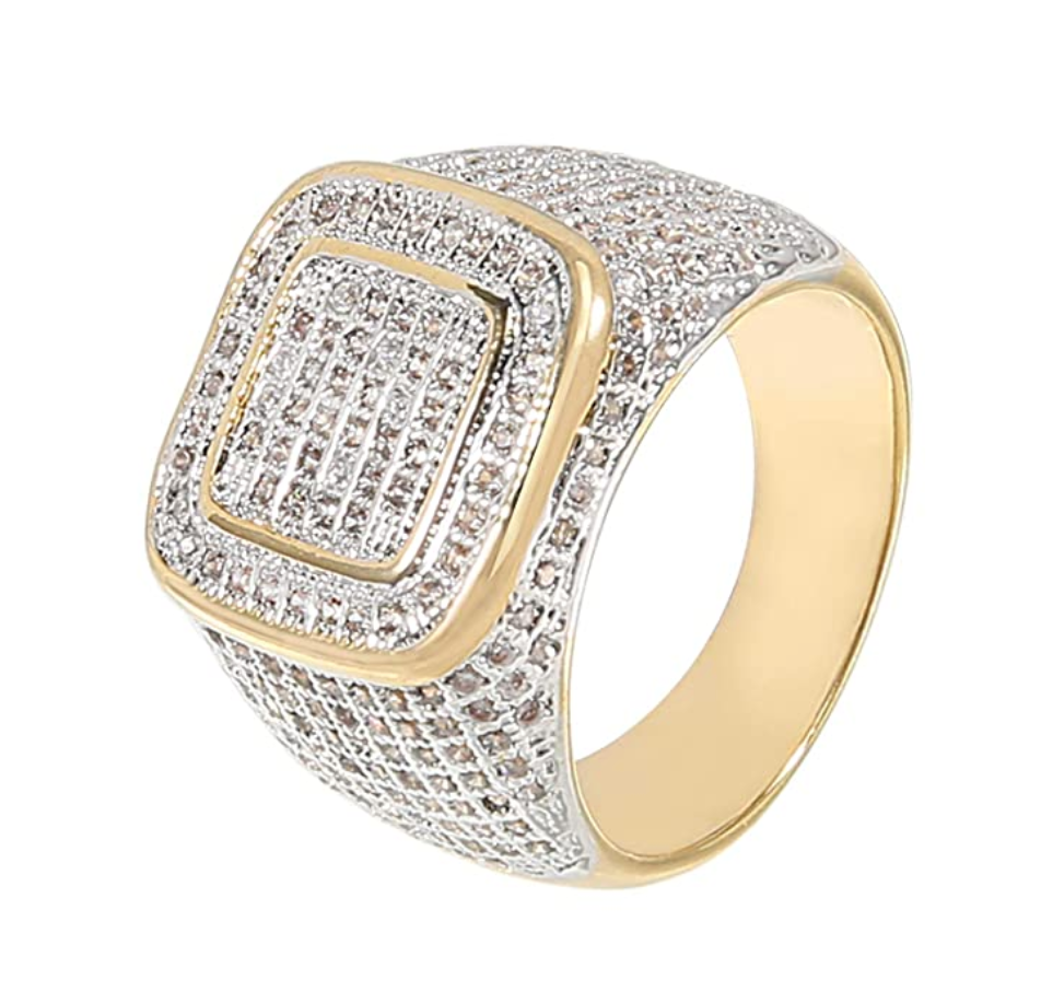 Square Gold Tone Simulated Diamond Ring Hip Hop Jewelry Princess Cut Iced Out Ring