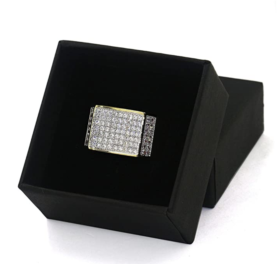 1.5ct Gold Color Hip Hop Ring Simulated Diamond Wedding Band Big Square Ring Iced Out Bling