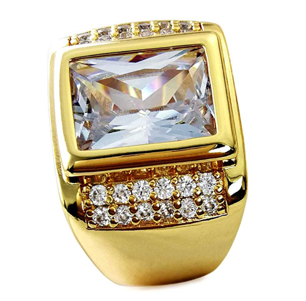 Emerald Simulated Diamond Ring Gold Color Square Baguette Ring Hip Hop Jewelry
