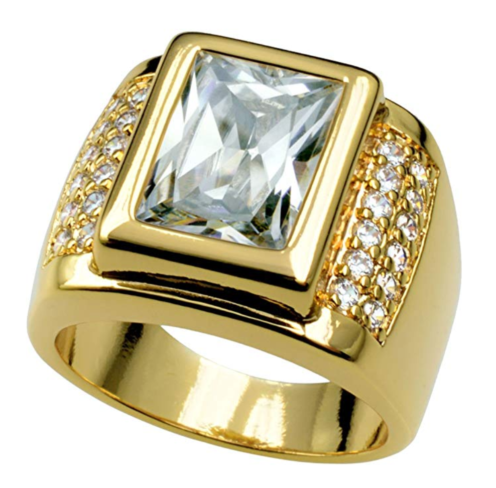Emerald Simulated Diamond Ring Gold Color Square Baguette Ring Hip Hop Jewelry