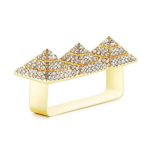 Pyramid Ring Gold Tone Simulated Diamond Pyramid 2 Finger Ring Iced Out African Jewelry Egyptian Hip Hop Bling Ring