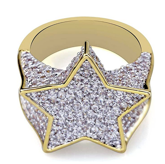 Big Star Ring Gold Tone Simulated Diamond Hip Hop Jewelry Rapper Ring Bling Jewelry Iced Out Star
