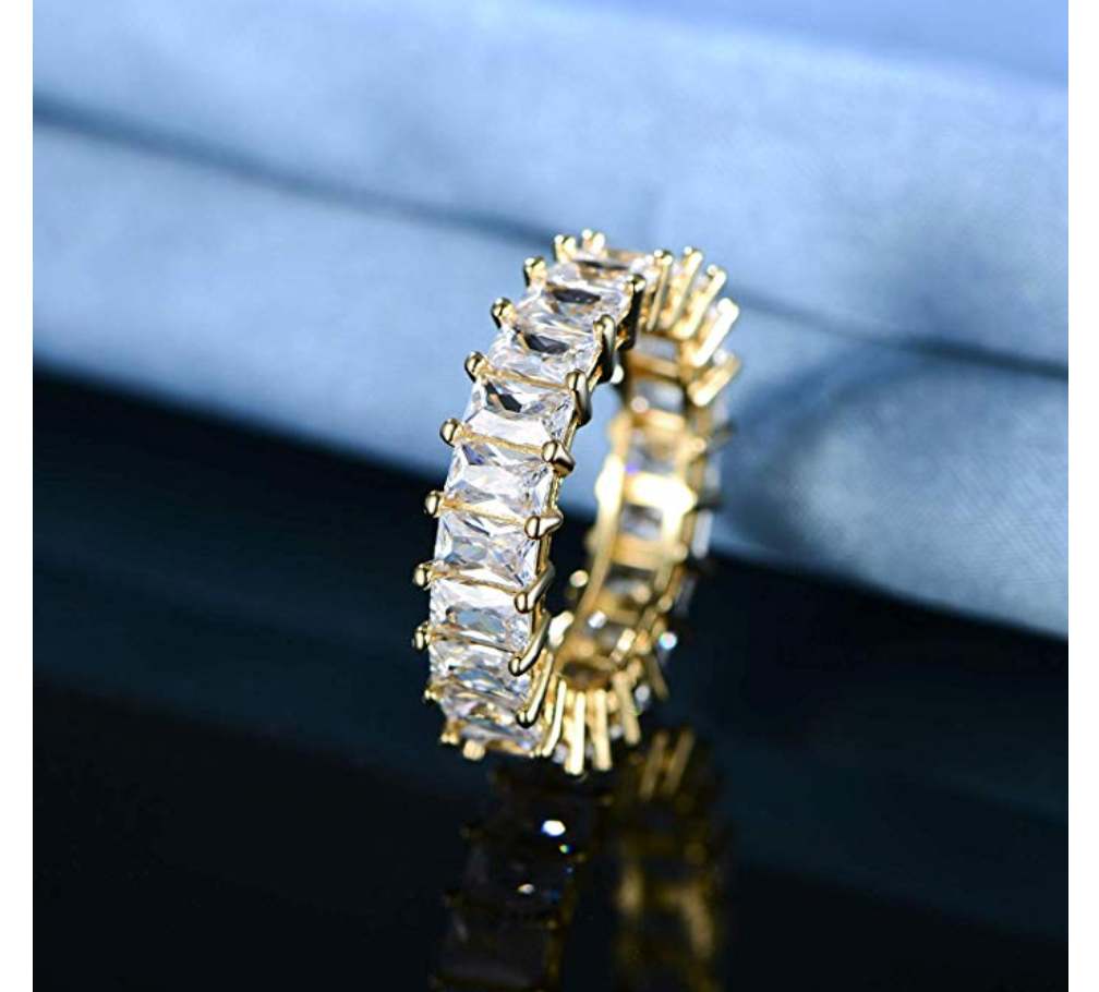 Baguette Ring Emerald Simulated Diamond Ring Hip Hop Iced Out Bling Jewelry Silver Gold Color Prong Set