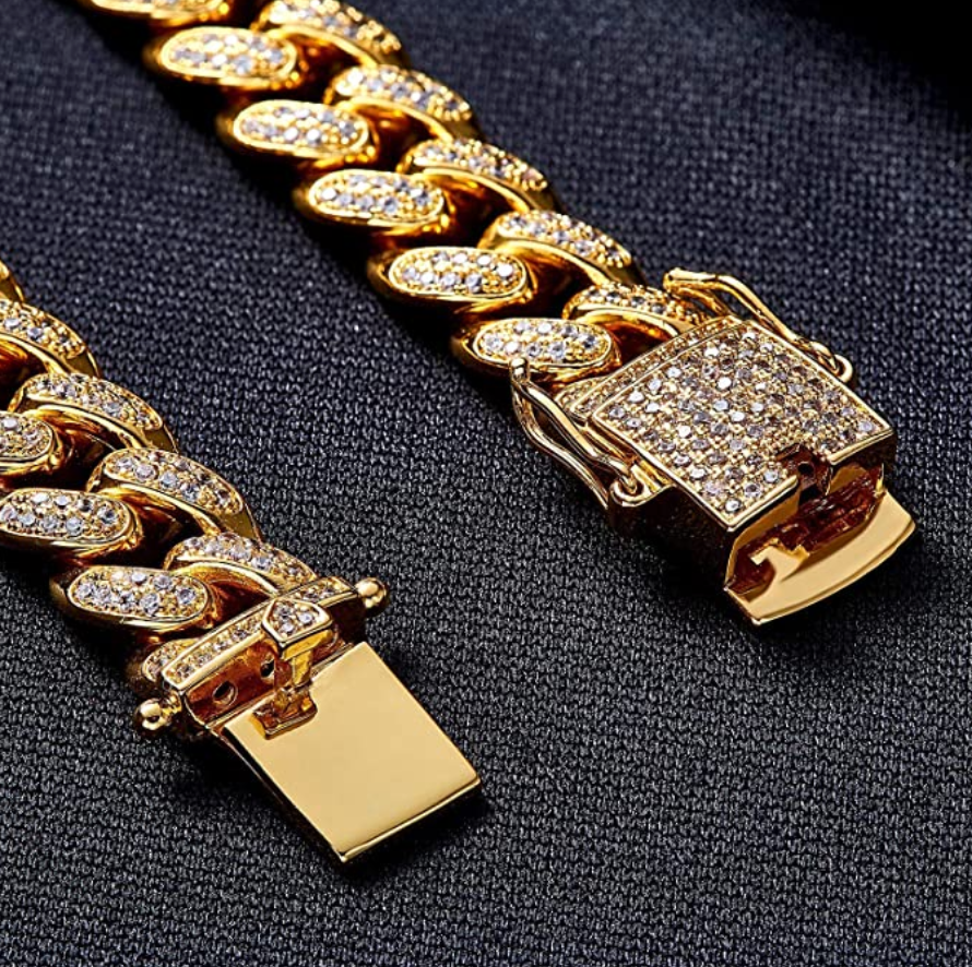 12mm Triple Lock Silver Gold Color Cuban Link Chain Bracelet Simulated Diamond Men's Hip Hop Bracelet