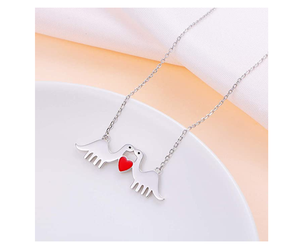 925 Sterling Silver Dinosaur Heart Necklace Love Chain Pendant Silver Chain Dinosaur Jewelry 20in.