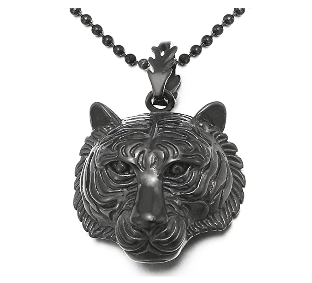 Tiger Necklace Silver Tiger Eye Pendant Animal Chain Tiger Jewelry Gift Stainless Steel 24in.