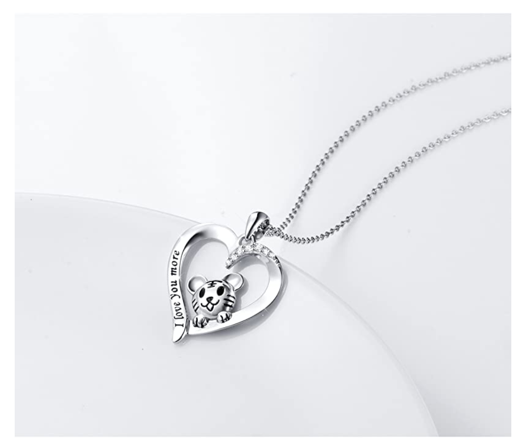 Baby Cat 925 Sterling Silver Simulated Diamond Heart Necklace Tiger Eye Pendant Animal Chain Tiger Jewelry Gift Tiger 18in.