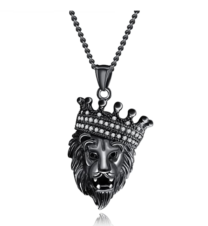 Lion King Necklace Lion Crown Leo Pendant Animal Silver Chain Lion African Jewelry Gift Stainless Steel Gold Color 24in.