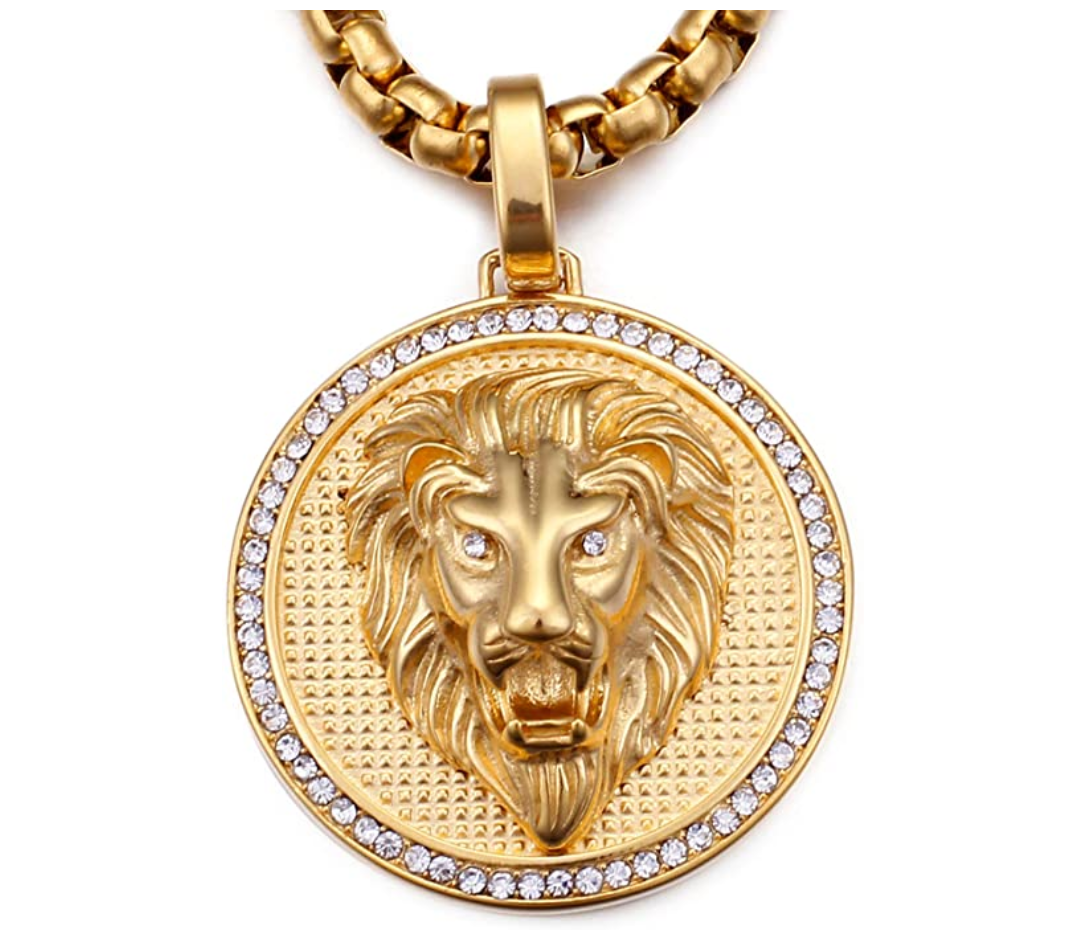 Lion Medallion Necklace Gold Color Metal Alloy Lion Animal Simulated-Diamond Chain Hebrew Lion Judah Jewelry Gift Lion King Leo Pendant Stainless Steel 24in.