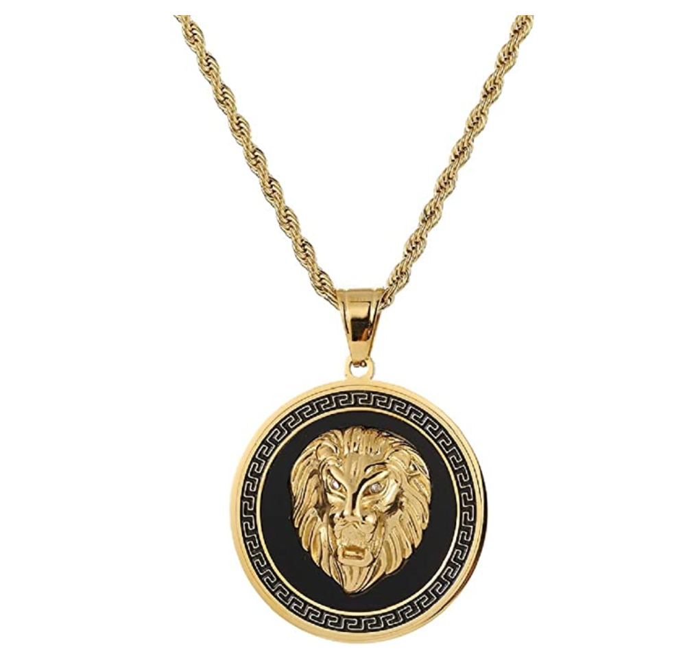 Black Lion Medallion Necklace Leo Lion Animal Chain Hebrew Lion Judah Jewelry Gift Lion King Pendant Gold Stainless Steel 24in.