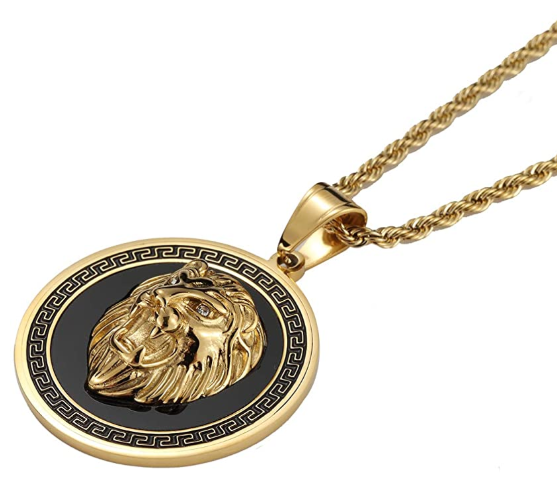 Black Lion Medallion Necklace Leo Lion Animal Chain Hebrew Lion Judah Jewelry Gift Lion King Pendant Gold Stainless Steel 24in.