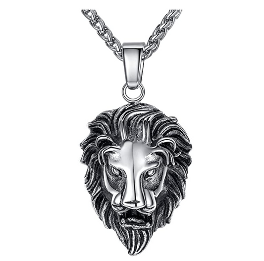 Lion Pendant Leo Lion King Necklace Animal Chain Hebrew Lion Judah African Jewelry Gift Silver Color Metal Alloy  24in.