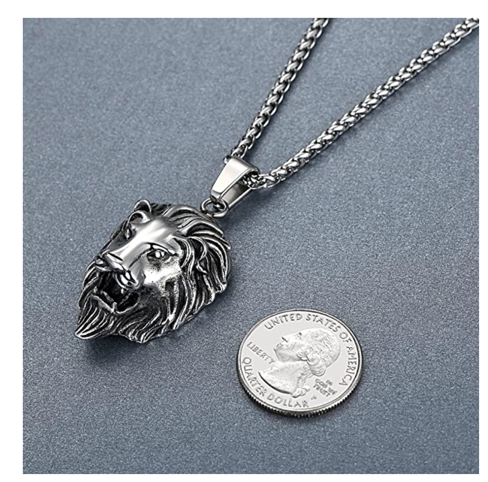 Lion Pendant Leo Lion King Necklace Animal Chain Hebrew Lion Judah African Jewelry Gift Silver Color Metal Alloy  24in.