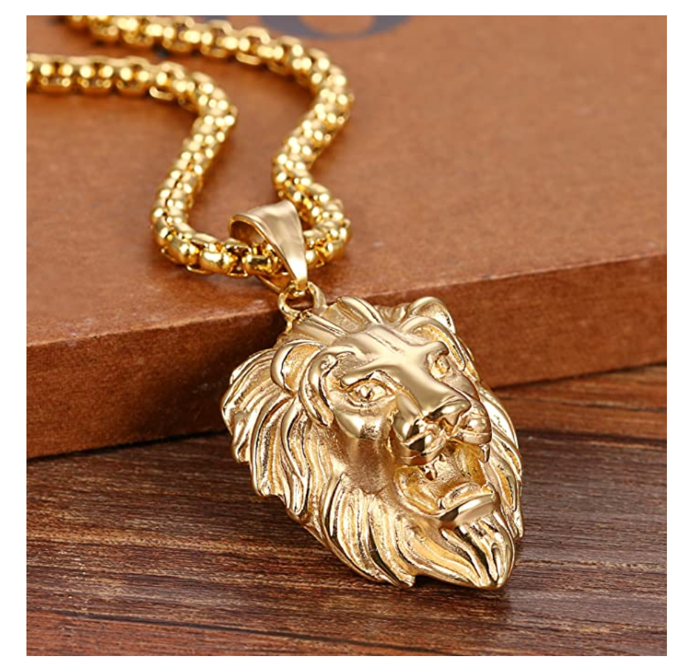 Gold Color Metal Alloy Lion King Necklace Animal Chain Hebrew Lion Leo Judah African Jewelry Gift Lion Pendant Stainless Steel Lion 24in.