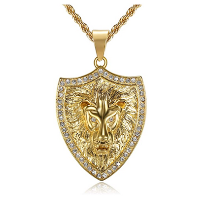 Gold Color Metal Alloy Lion King Necklace Animal Chain Silver Hebrew Lion Judah Shield African Jewelry Gift Lion Leo Pendant Stainless Steel Simulated-Diamond Lion 24in.