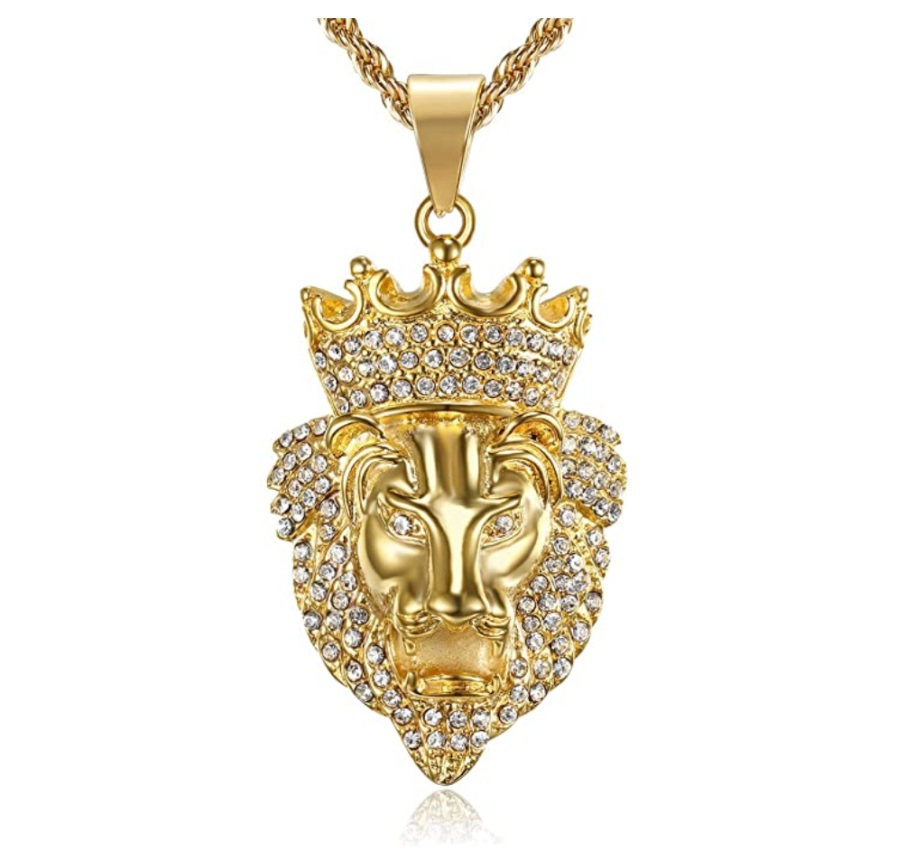 Lion King Necklace Animal Chain Hebrew Lion Judah African Jewelry Leo Gift Lion Crown Pendant Gold Color Metal Alloy Simulated-Diamond 24in.