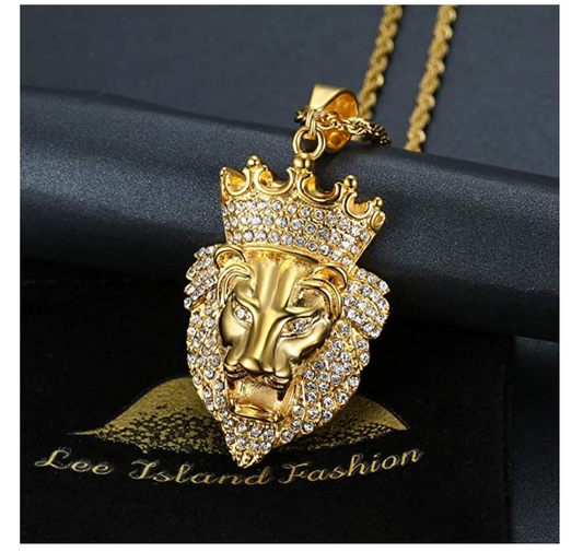 Lion King Necklace Animal Chain Hebrew Lion Judah African Jewelry Leo Gift Lion Crown Pendant Gold Color Metal Alloy Simulated-Diamond 24in.