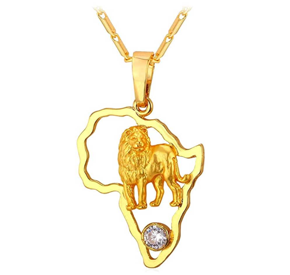 Africa Map Lion King Necklace Leo Simulated-Diamond Animal Chain Hebrew Lion Judah Jewelry Gift Lion Crown Pendant Stainless Steel Gold Color 24in.