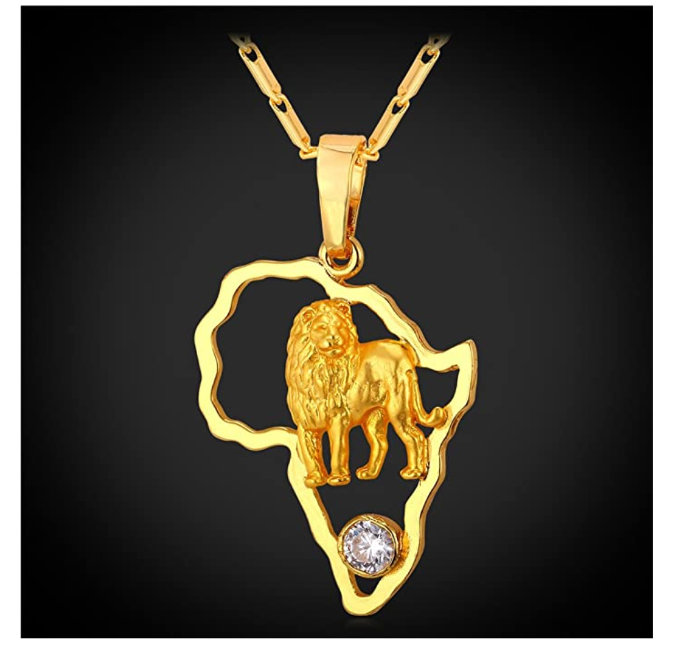 Africa Map Lion King Necklace Leo Simulated-Diamond Animal Chain Hebrew Lion Judah Jewelry Gift Lion Crown Pendant Stainless Steel Gold Color 24in.