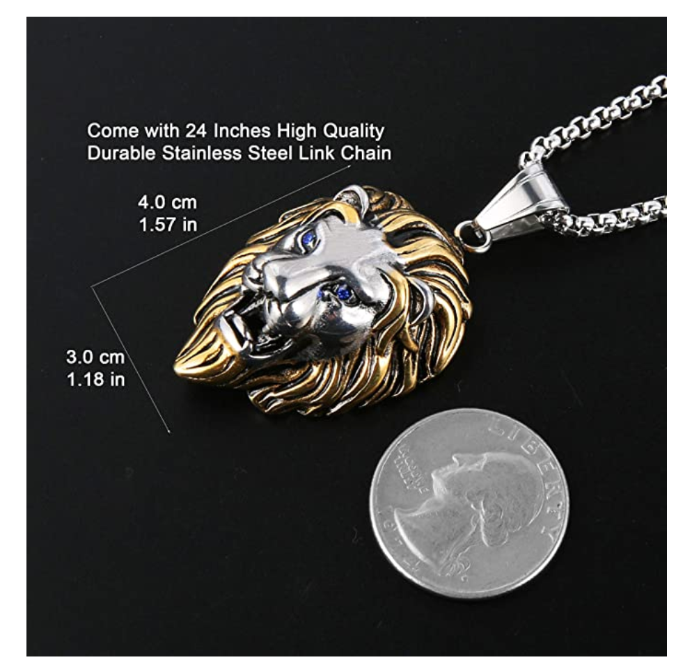 African Lion King Necklace Animal Chain Hebrew Lion Judah Jewelry Gift Lion Leo Pendant Silver Gold Stainless Steel 24in.
