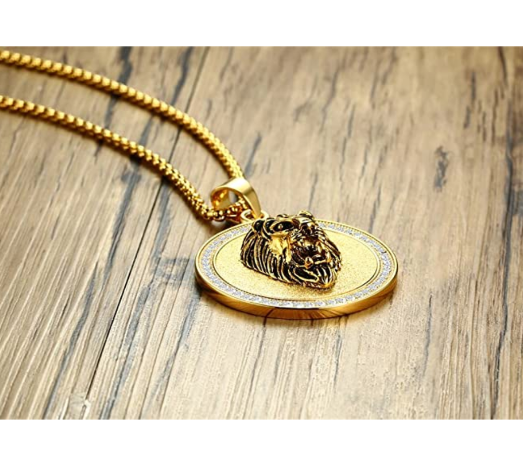 Lion Necklace Gold Color Metal Alloy Lion Medallion Animal Simulated-Diamond Chain Hebrew Lion Judah Jewelry Gift Lion King Leo Pendant Stainless Steel 24in.