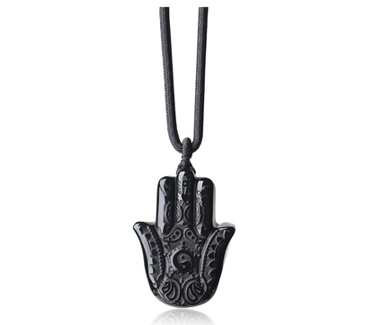 Black Obsidian Stone Hamsa Hand Fatima Ying Yang Necklace Evil Eye Lucky Charm Kabbalah Jewish Merkaba Jewelry Yoga Buddhist Adjustable Rope Allah Muslim Jewelry.
