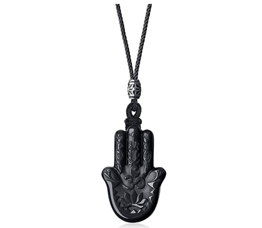Black Obsidian Stone Hamsa Hand Fatima Ying Yang Necklace Evil Eye Lucky Charm Kabbalah Jewish Merkaba Jewelry Yoga Buddhist Adjustable Rope Allah Muslim Jewelry.