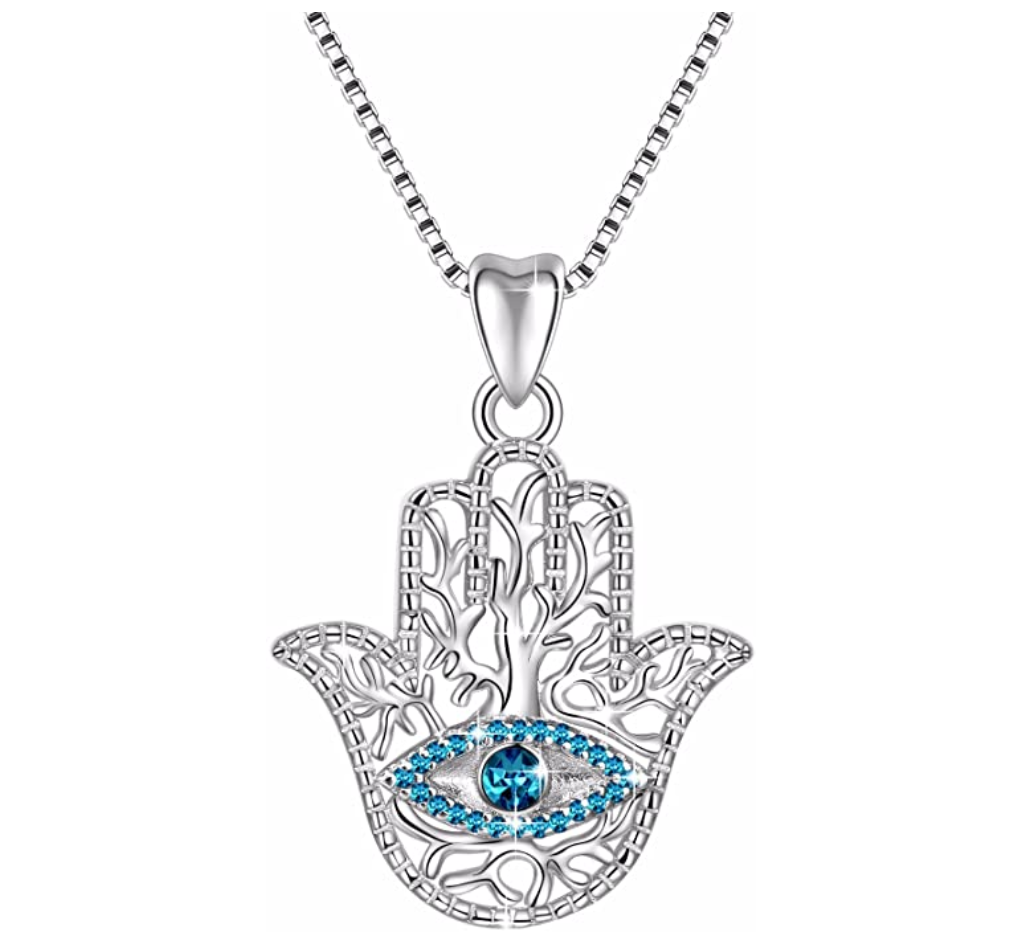Blue Simulated Diamond Hamsa Hand Fatima Necklace Evil Eye Lucky Charm Kabbalah Merkaba Allah Muslim Jewelry Yoga 18in.