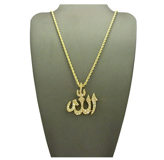 Iced Out Allah Simulated Diamond Necklace Allah Pendant Islamic Hip Hop Jewelry Allah Chain Gold Silver Color Metal Alloy 24in.